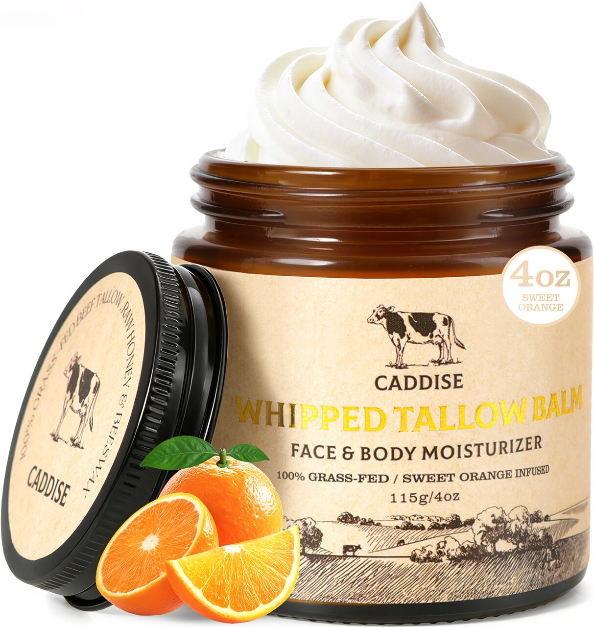 CADDISE Whipped Beef Tallow for Skin – 100% Grass-Fed Handmade Cream Moisturizer for Face & Body, Natural with Honey, Shea Butter, Jojoba Oil, Non-Greasy, Nourishing for Men, Women, Kids, 4 Oz